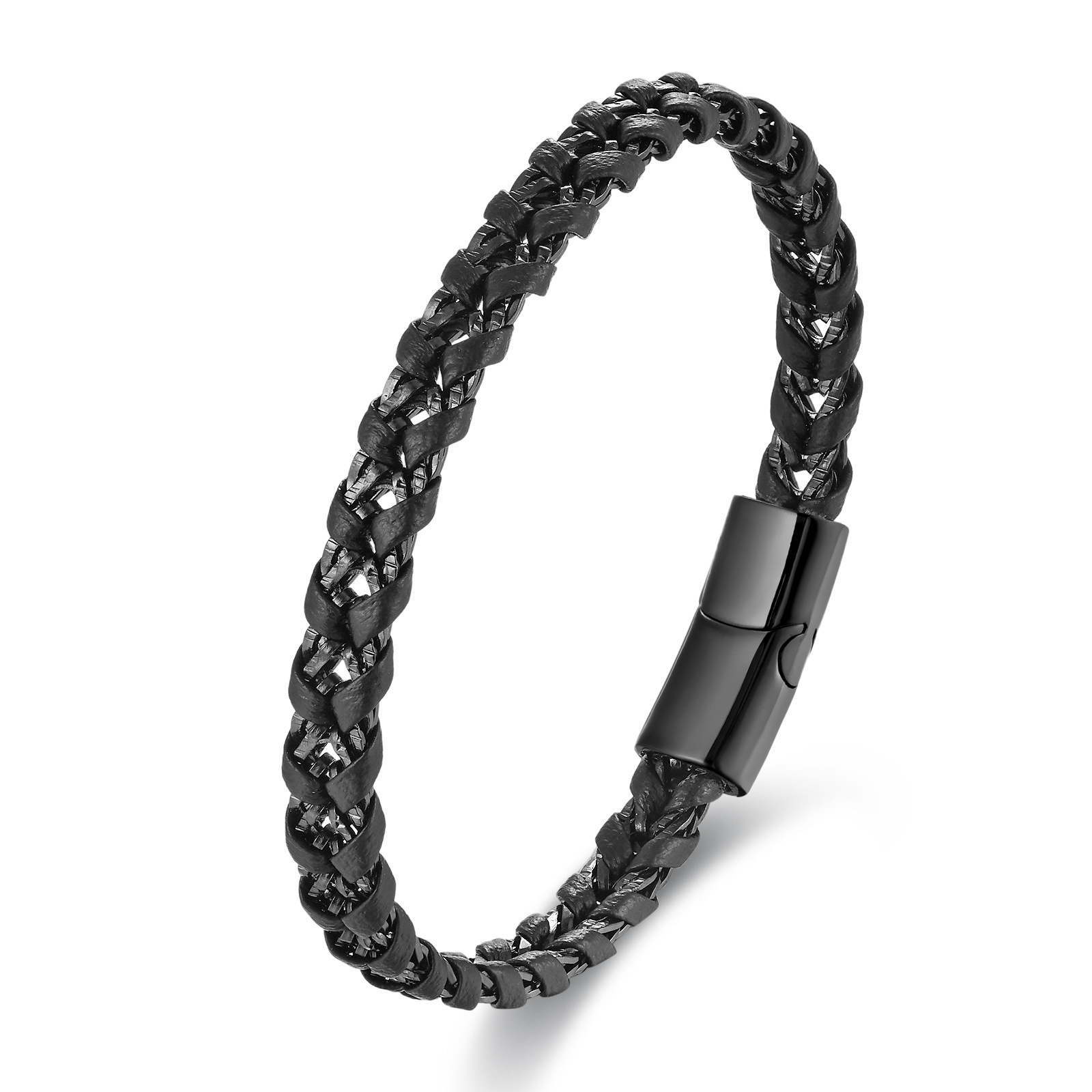 18g Weight Retro Punk 316L Stainless Steel Pu Leather Geometric Woven Chain Men Cord & Leather Bracelets
