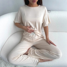 2025夏季欧美跨境休闲舒适莫代尔棉套装女纯色短袖T恤长裤 两件套