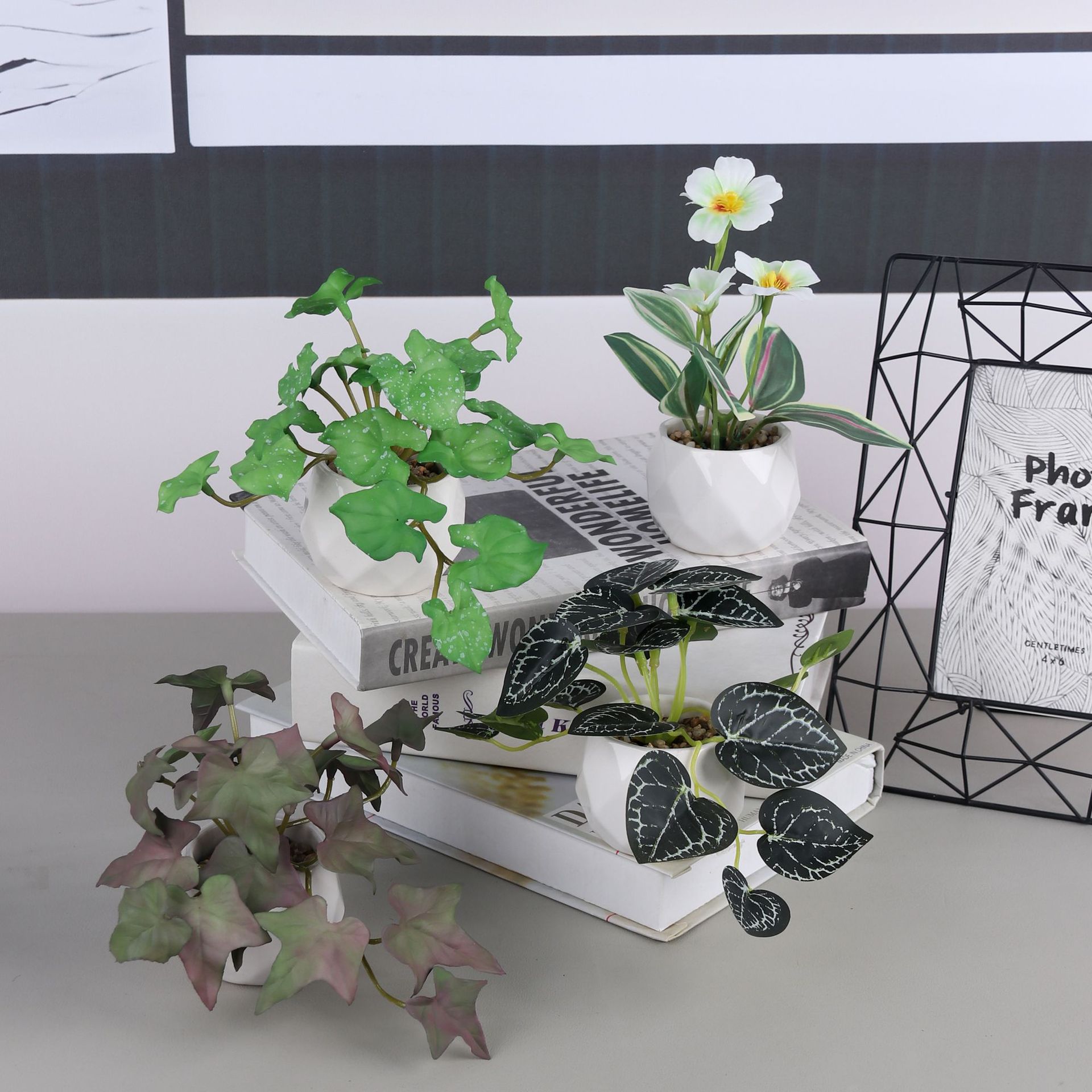 Piedra de pistacho artificial pavimentación de cerámica en forma de diamante mini suculenta en maceta decoración de escritorio Planta artificial bonsai