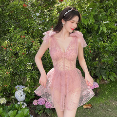 2024 Japanese and Korean exclusive INSP cross-border new pink lace net mesh sexy bikini hot spring vacation swimsuit