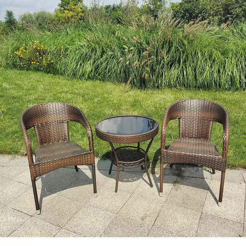 阳台茶桌椅组合一桌两椅卧室办公室小圆桌子茶几金属藤编现代简约