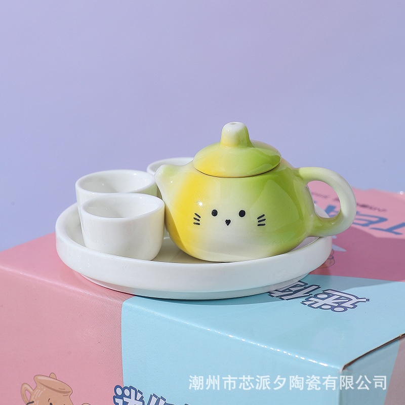 Full Set of Mini Teapot for Kidsren, New Cat Ear Kung Fu Tea Set, Super Cute, High Temperature Resistant, Tea Making Tea Set