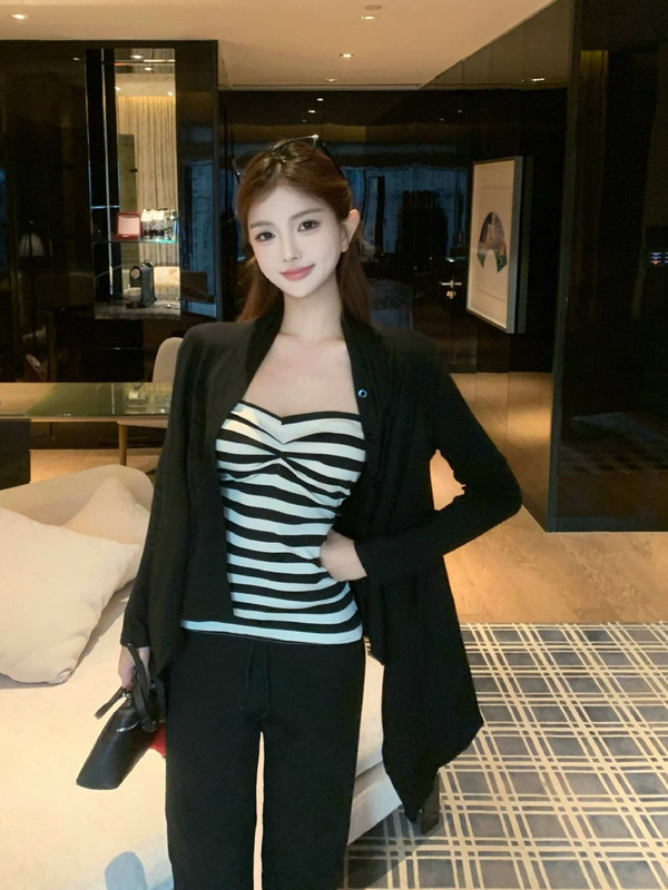 2025春秋新款黑白条纹抹胸背心女长袖不规则开衫外套秋季穿搭套装|undefined