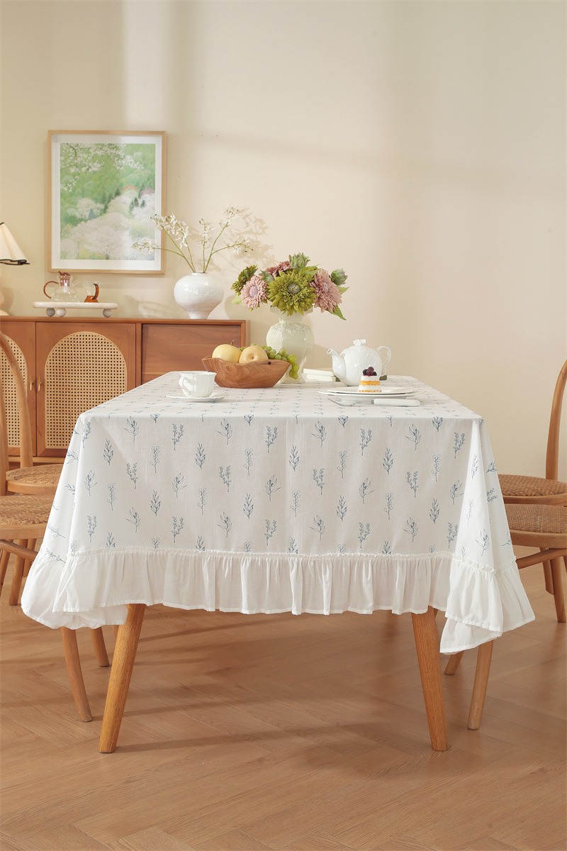 Cotton Printed Green Floral Tassel Tablecloth For Dining Table_voghion.com