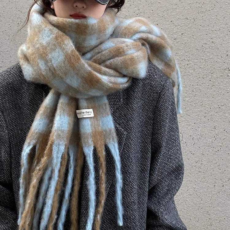 Winter High-End Niche Plaid Scarf for Girls Cross-Border New Korean Style Thick Blue Tassel Versatile Shawl Scarf