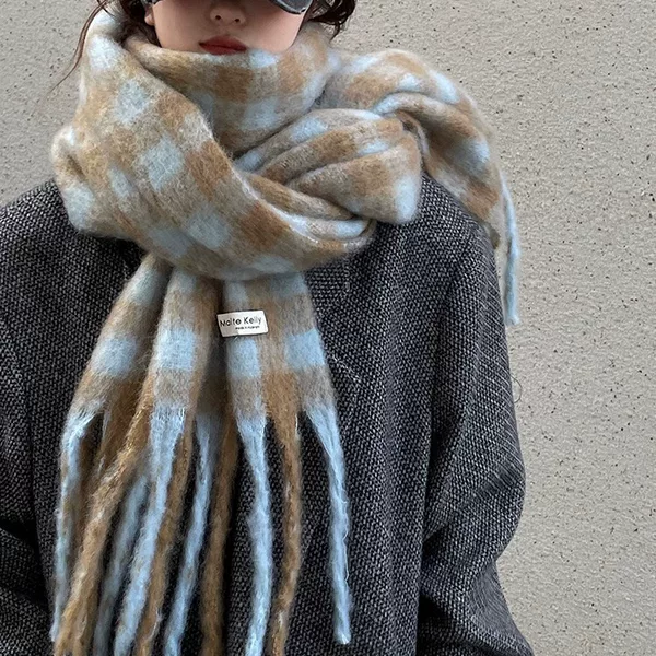 Winter High-End Niche Plaid Scarf for Girls Cross-Border New Korean Style Thick Blue Tassel Versatile Shawl Scarf