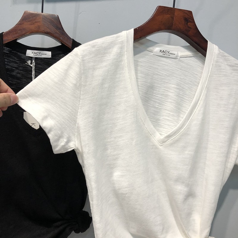 Women's Bamboo Cotton V Neck Short Sleeve T-Shirt Unique Design Slimming Summer Thin Versatile Top_ecoleips.com
