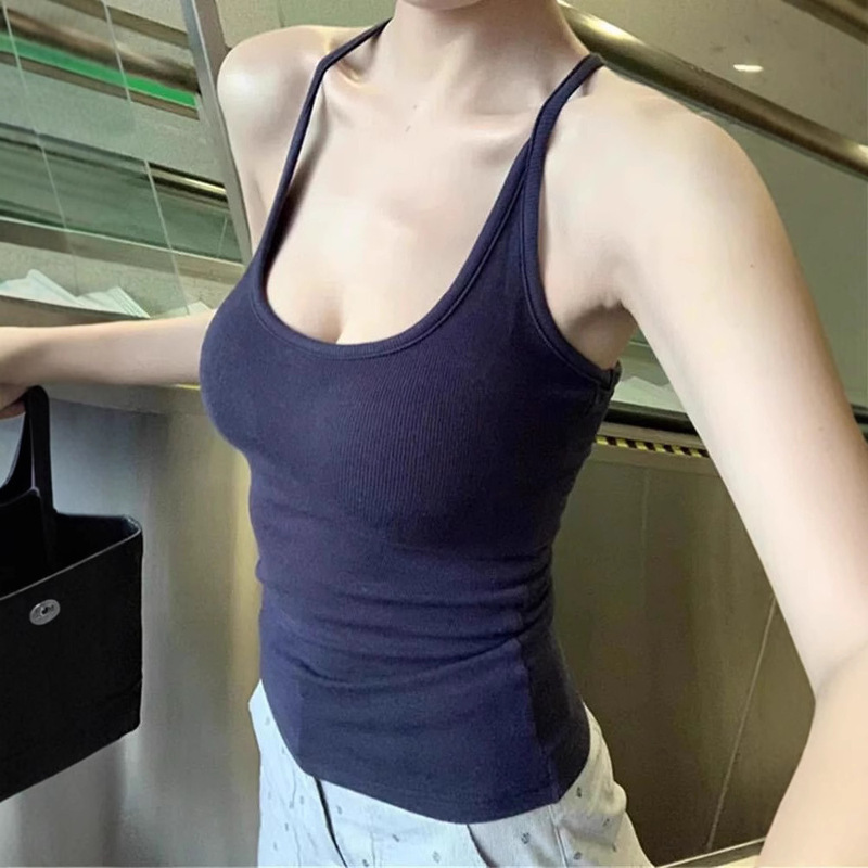背心女夏季美背辣妹纯欲风吊带背心带胸垫工字背纯色背心运动百搭|undefined