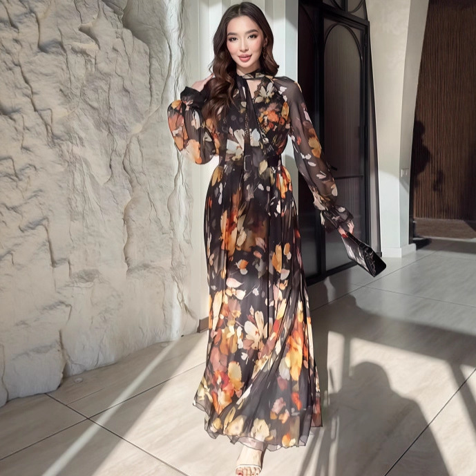 Amazon 2025 European and American Cross-Border Autum New Printed Fashion Waist Women's Long-Sleeved Dress Amazon 2025 European and American Cross-Border Autum New Printed Fashion Waist Women's Long-Sleeved Dress