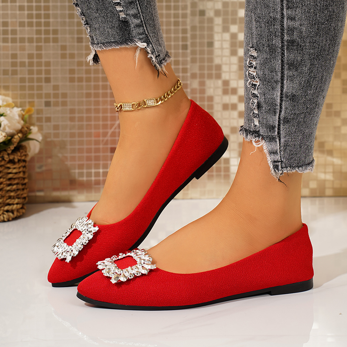 Women's Plus Size Slip-On Flat Shoes Pointed Toe Rhinestone Square Toe Casual Brown PU Spring Season_vogvips.com