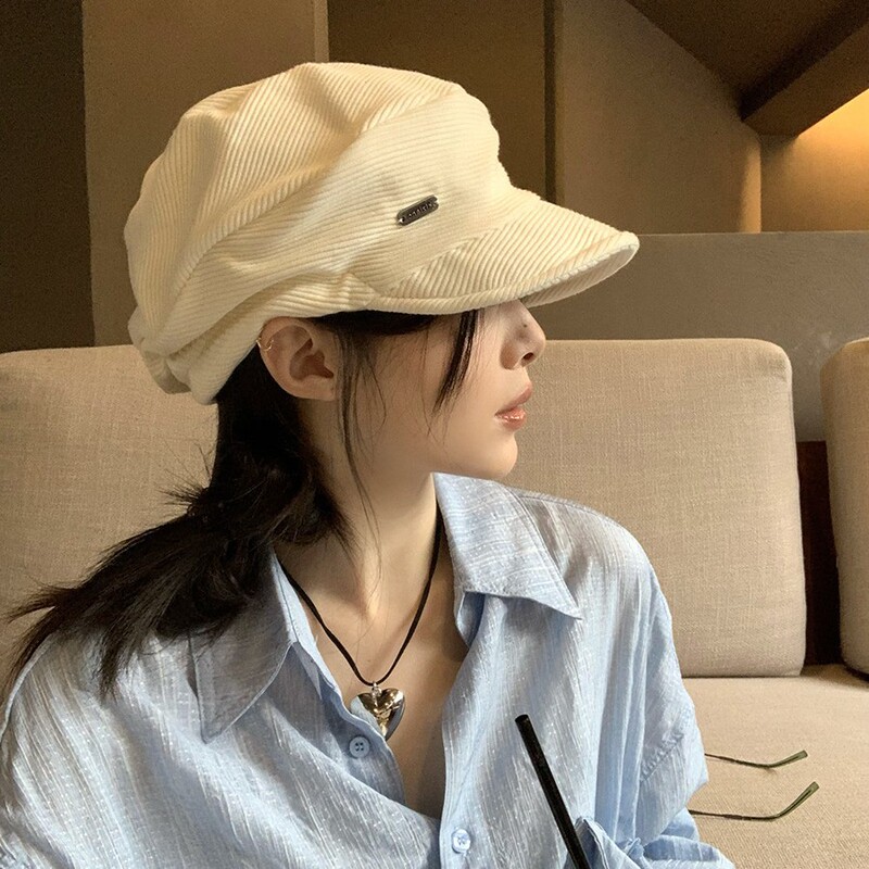 日系复古灯芯绒贝雷帽女秋冬新款百搭显脸小马术帽大头围堆堆帽女|undefined