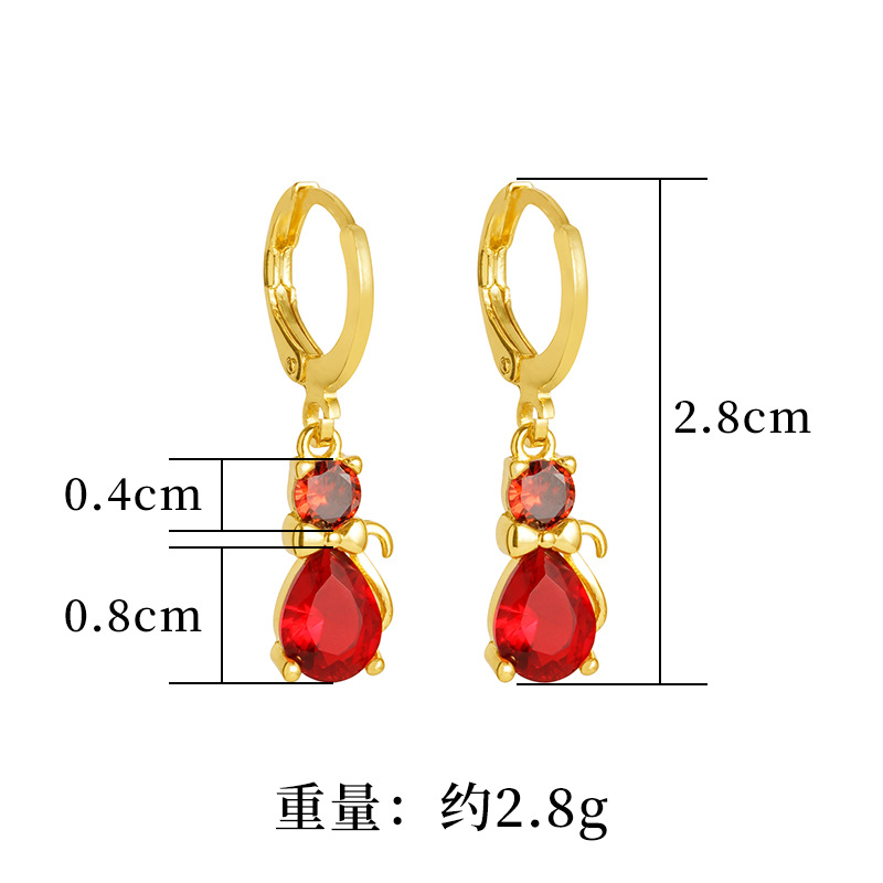 Oro KT pendientes de gato joyas chapadas en oro de las mujeres vino gema roja con incrustaciones de nicho pendientes retro fresco vivo caliente