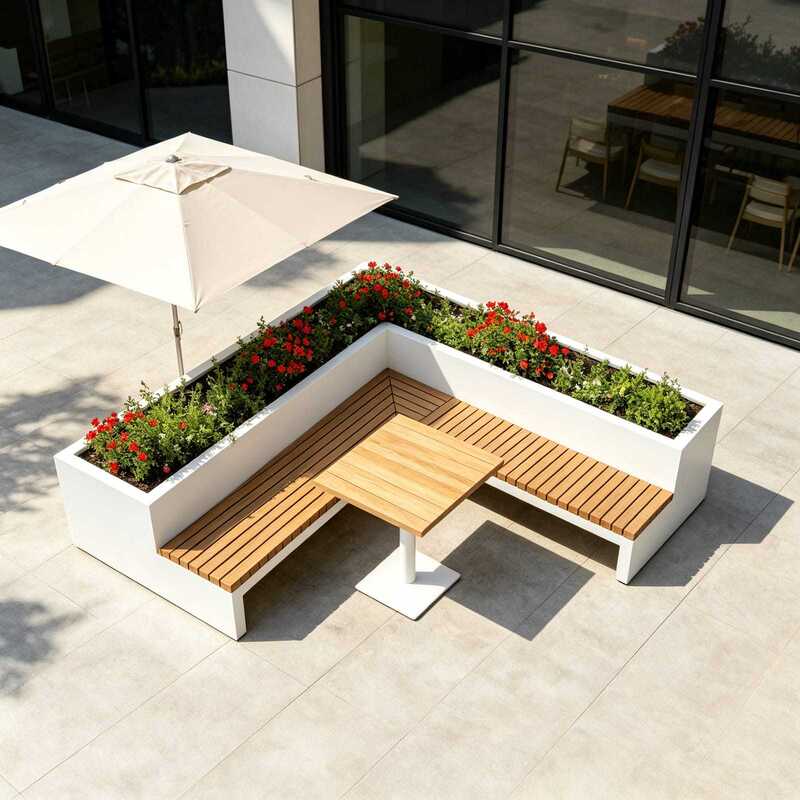 Outdoor long rectangular flower box table and chair set for dining and commercial streets, iron flower trough seating for coffee shops, outdoor landscape flower arrangement Outdoor long rectangular flower box table and chair set for dining and commercial streets, iron flower trough seating for coffee shops, outdoor landscape flower arrangement