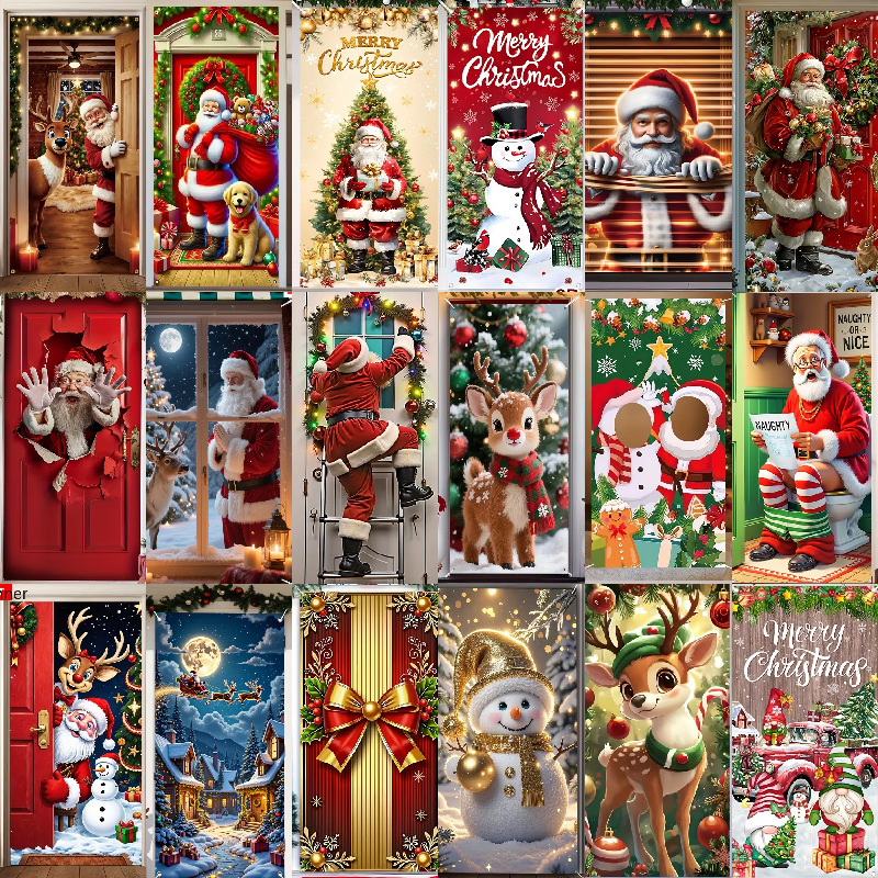 Cross-border new Christmas door cover backdrop fabric outdoor decoration hanging cloth door curtain holiday wholesale custom door cover door curtain