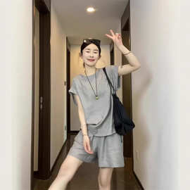 欧货时尚简约百搭两件套女春季新款宽松显瘦短袖t恤休闲短裤套装