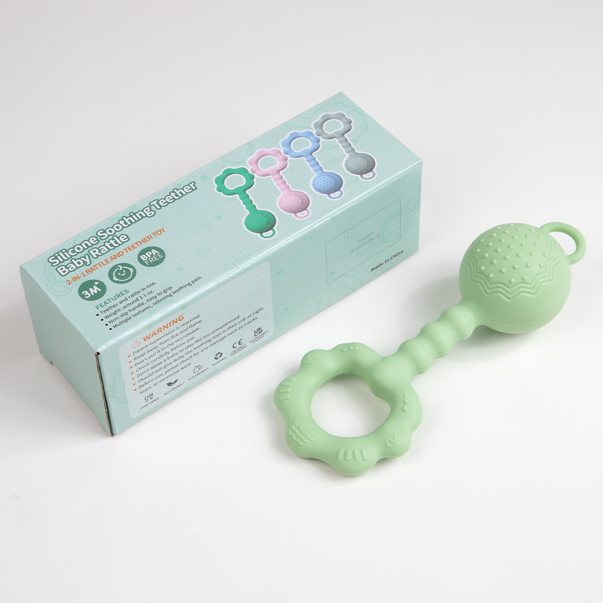 Directo de fábrica bebé mordedor silicona sonajero teether juguete que puede sonar bebé mordedor palo sonajero venta al por mayor