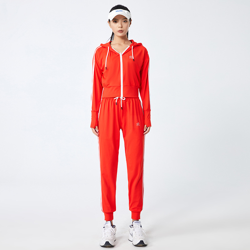时尚休闲套装女运动型穿搭女装白条纹动感连帽服拉拉队服团队服女