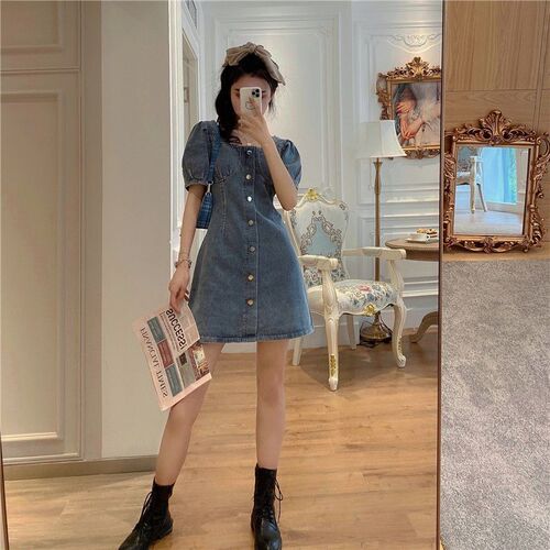 Age-defying French denim dress for women, summer size large, for plus-size women, bubble sleeves, waist-cinching, slenderizing, covering belly and back, strap dress