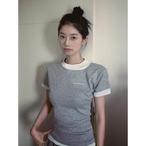 Women's Sweet and Spicy Collared Short-Sleeve T-Shirt with Contrast Color and Front Print, 260g Modal/Cotton Blend