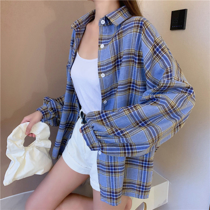 格子衬衣女韩系设计感小个子春秋复古百搭宽松衬衫防晒内搭外套|undefined