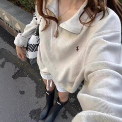 正確版ラフ馬標衛衣アメリカ半袖復古polo襟女性秋冬長袖半ファスナー襟