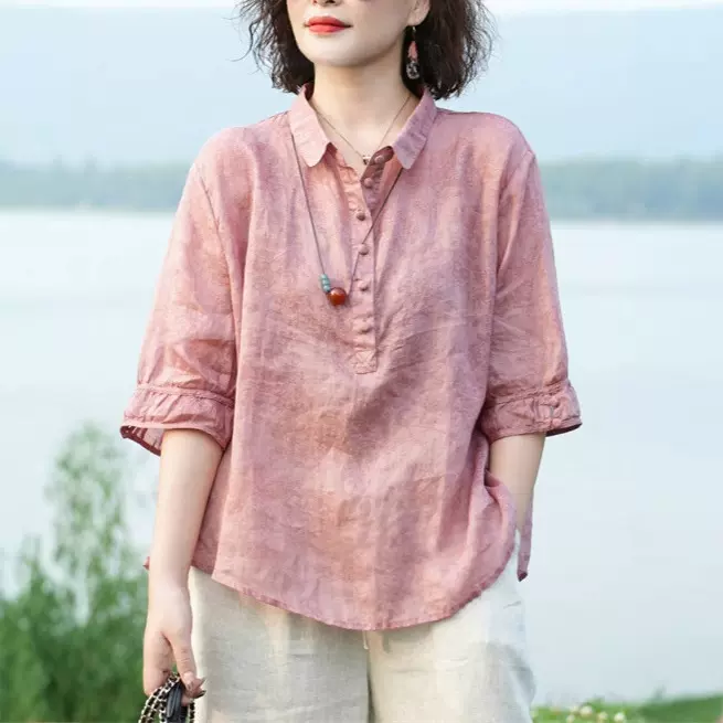 文艺印花苎麻中袖衬衫女夏2025百搭衬衣宽松休闲Polo领上衣可代发