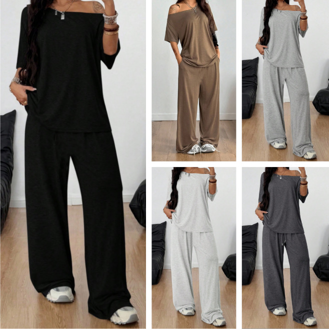 2025 New Hot-Selling European and American Cross-Border Fashion Casual Wide-Leg Solid Color Slope-Neck Long Pants Suit Women's Clothing