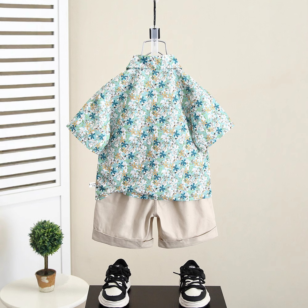 7917 Traje de verano para niños 2025 Nuevo estilo Camisa de playa floral de verano para bebés Traje de dos piezas de manga corta para niños