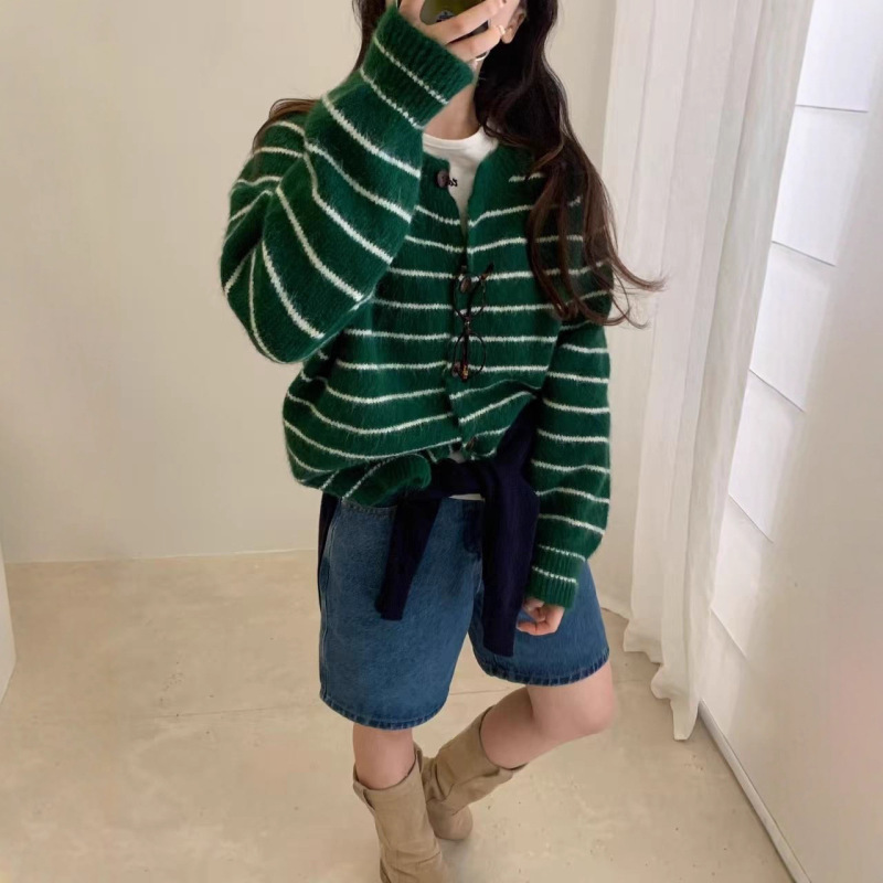 Korean Style Lazy Style Super Nice Stripesd Knitted Knitwear Cardigan Women's Autumn and Winter New Design Jacket Knitwear