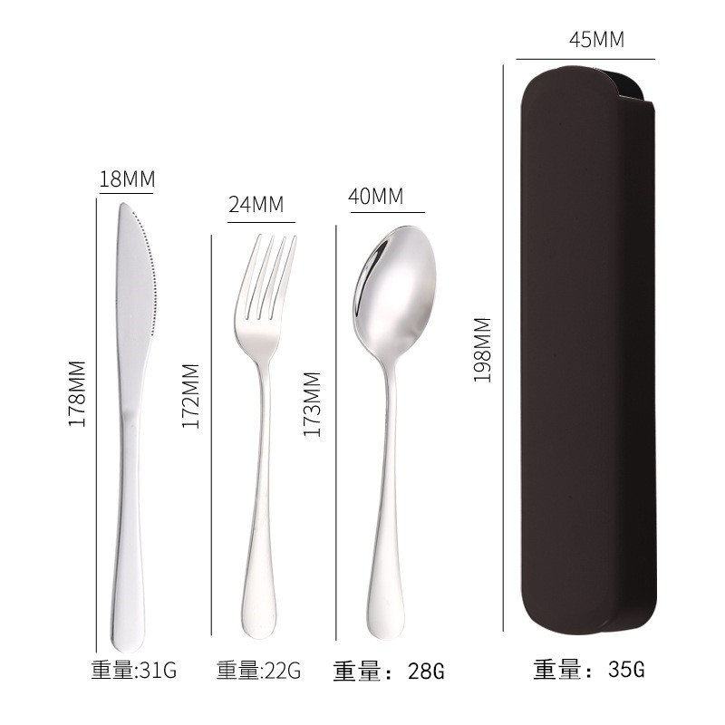 Juego portátil de cubiertos de acero inoxidable, incluye cuchillo, tenedor y cuchara, ideal para estudiantes o camping