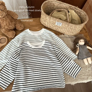 喜范25秋季新品儿童条纹圆领打底衫女童宝宝蕾丝贴标长袖上衣T恤