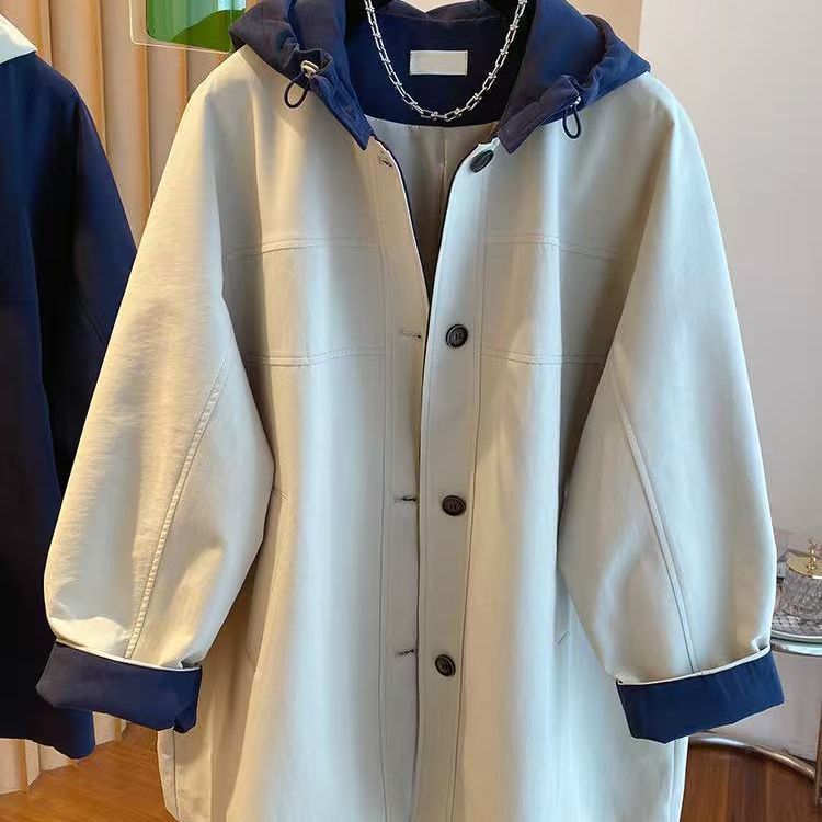 Korean Style Contrasting Color Spring and Autumn Windbreaker Hooded Jacket Long Coat New Loose Casual