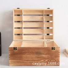 烧色做旧六只装红酒木盒手提镂空红酒包装盒葡萄酒盒子定做