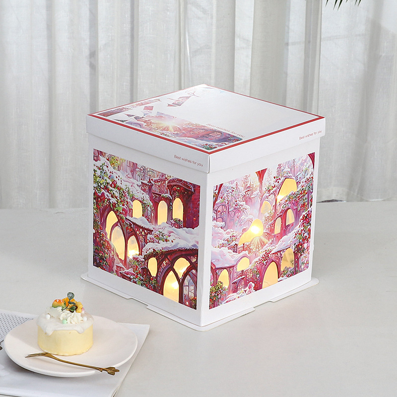 Caja para Pastel de Cumpleaños, Caja de Embalaje para Pastel de 6, 8 y 10 Pulgadas, Caja para Pastel con Luces Navideñas, Caja de Regalo para Fiestas