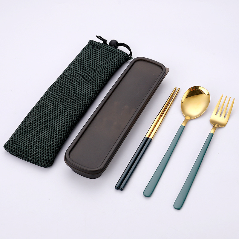 그린 골드 스푼과 포크 젓가락 3 종 세트 (메쉬 백 포함)