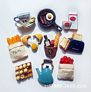 Refrigerator Magnetic Sticker Resin Refrigerator Magnet Tomato Bread Milk Pan Egg Simulation Food