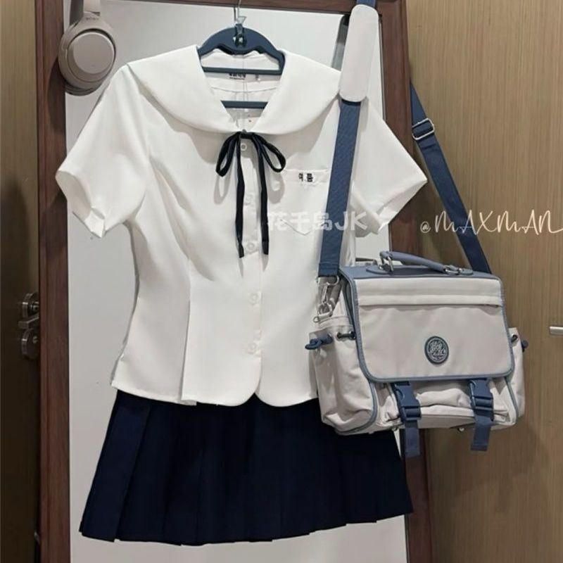 Original Doll Collar Jk Uniform Japanese Style Summer New Short-Sleeve Embroidered White Top Waist-Slimming Set Plaid Skirt Original Doll Collar Jk Uniform Japanese Style Summer New Short-Sleeve Embroidered White Top Waist-Slimming Set Plaid Skirt