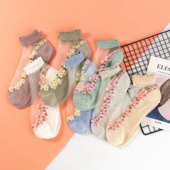 Thin Sheer Stockings for Women - Spring and Summer Glass Ribbon Floral Crystal Boat Socks - Cotton Socks - Breathable and Sweat-absorbent - Wholesale