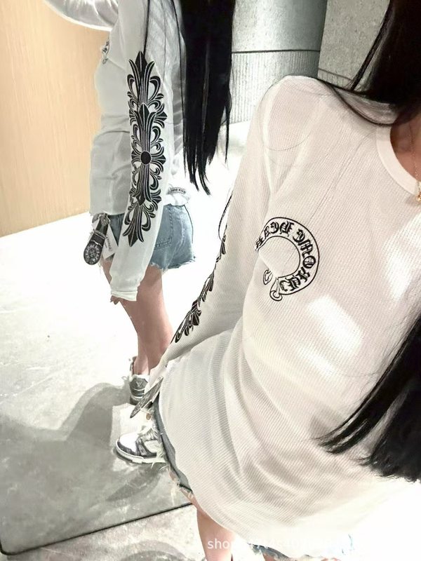 25ss潮牌正确版CH克罗*新款华夫格马蹄印花臂印花男女同款长袖T桖|undefined