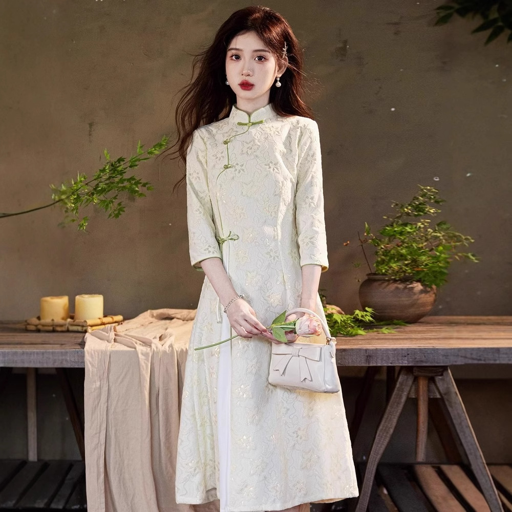 Ao Dai Cheongsam 2025 Autumn/Winter Women's New Chinese Style Engagement Dress National Style Dress Petite Long Sleeve Tea Dress