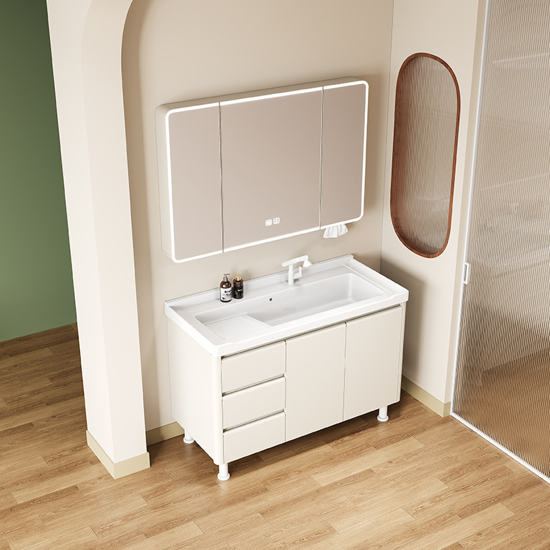 Creamy viento piso panal de abeja gabinete de baño combinación de puerta de acero inoxidable lavabo con tabla de fricción lavabo cerámica integral