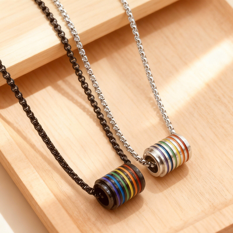 Cross-Border Versatile Accessories, High-End Rainbow Necklace for Men and Women, Small Waist Colorful Striped Barrel Bead Pendant Jewelry Wholesale