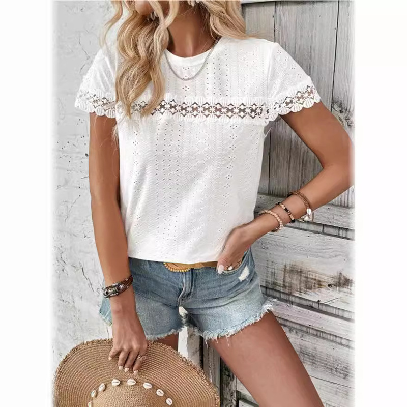 European and American cross-border foreign trade women's clothing 2024 Amazon spring and summer new V-neck lace stitching loose casual eyelet T-shirt