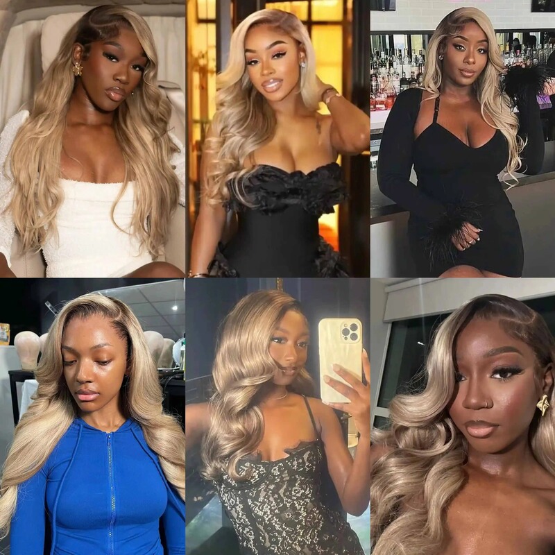 Gradient Blonde 13×4 Transparent Lace Front Wig Brown Hair Big Waves Linen Gray Gold