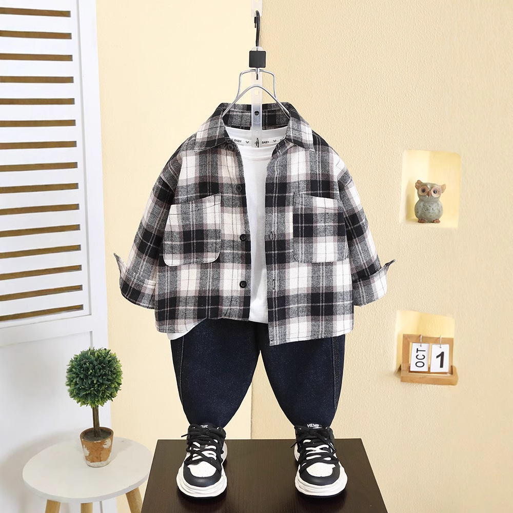 7528 camisa para niños primavera 2025 nueva chaqueta a cuadros de primavera para niños primavera y otoño ropa de manga larga para niños