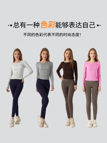 Elegant European and American Autumn/Winter Nude-Look Yoga Wear: Ruched, Slim-Fit, Skin-Friendly Crew-Neck Casual Sports Top for Women – Long-Sleeve Fitness T-Shirt