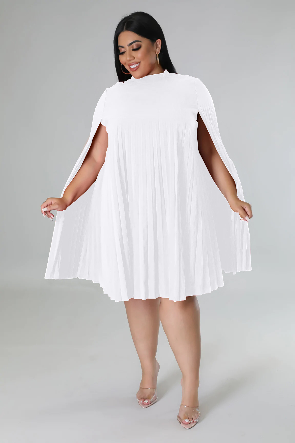 Fashion Solid Color Round Neck Long Sleeve Patchwork Polyester Plus Size Knee-Length Pleated Skirt