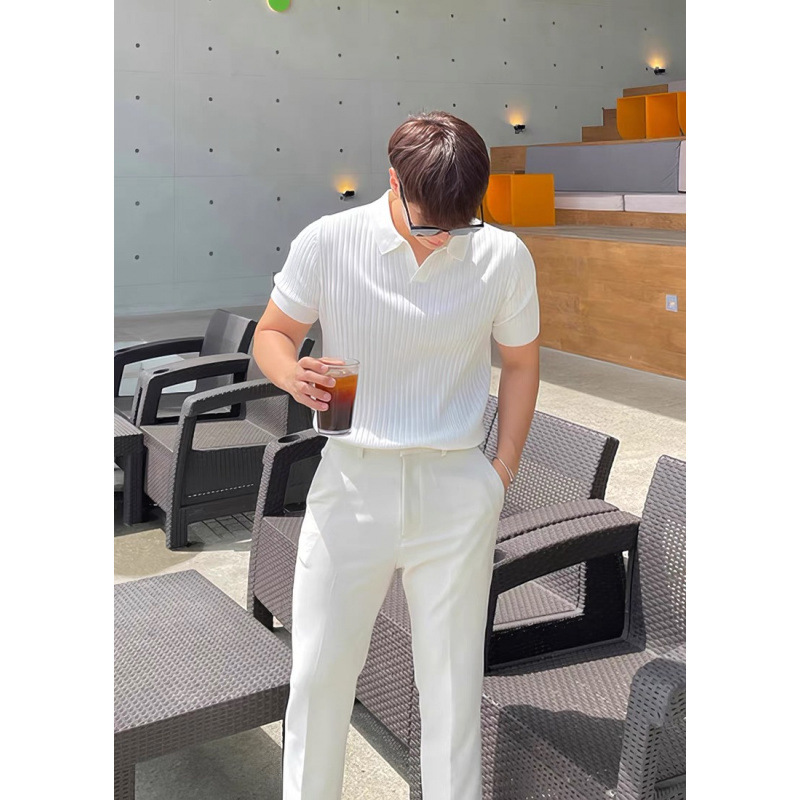 Polo de seda de hielo americano suéter delgado de manga corta con cuello apilado en forma de v para hombre camiseta de punto de manga ajustada fresca y transpirable