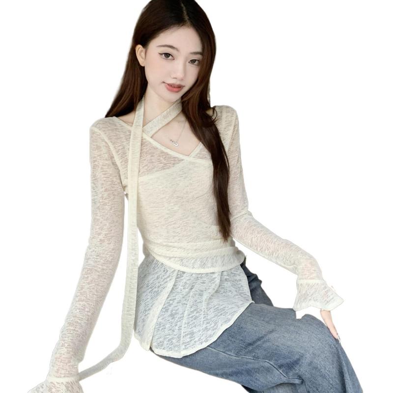 2025时尚纯欲风不规则飘带喇叭袖T恤女夏季小众收腰显瘦套头上衣|undefined