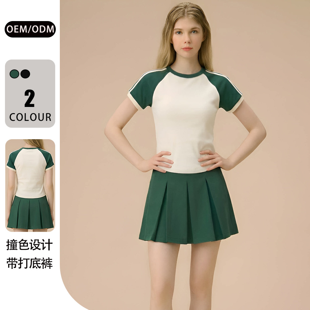 26 New Style Sports Casual T-Shirt and Short Skirt Two-Piece Set for Women, Anti-Exposure Badminton, Tennis, Yoga, Fitness, and Running Skirt